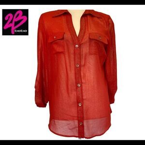2B BEBE Red gold sheer cutout draped back blouse L
